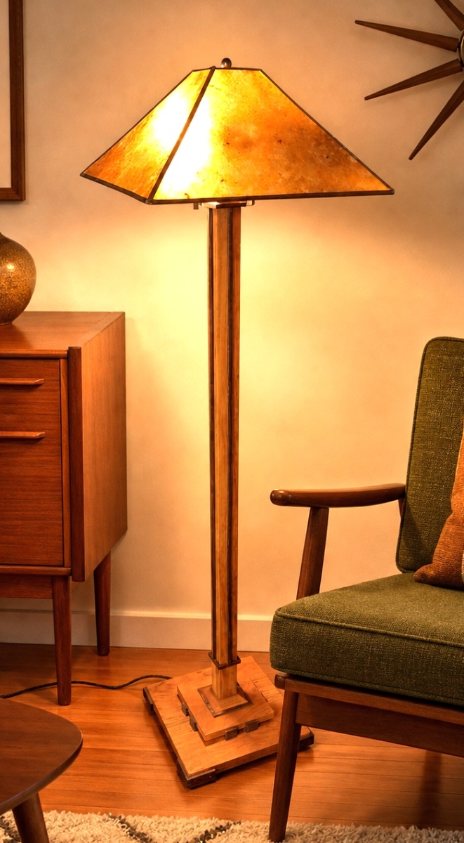 Pasadena Floor Lamp – Cherry with Walnut Trim and Amber Mica Shade